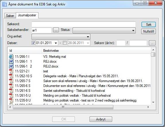 262 Arkiv-plugin Ved å ekspandere sakene så vil du se journalpostene og dokumentene. Ikonet til venstre sier hvilken type fil det er.