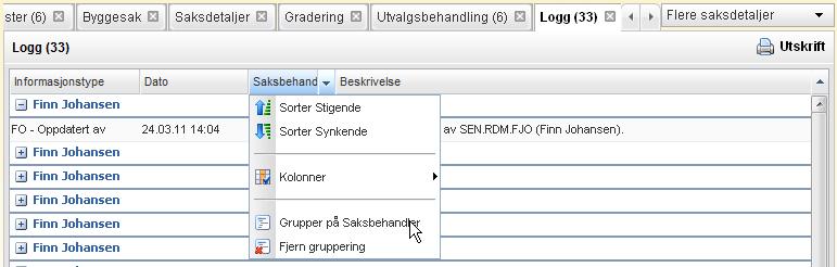 42 Slik bruker du EDB Sak og Arkiv Listen kan grupperes etter innslagene en liste. I følgende eksempel er listen gruppert etter saksbehandler. 2.4.3 Lange lister Du kan minimere deler av for eksempel oppgavelisten ved å klikke trekk sammenboksen ved ønsket del av listen, f.