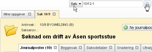 Du kan også søke etter en journalpost ved å skrive for eksempel 10/12-1, 123/10 eller 100000015 (intern ID lik filnavn på dokumentene).