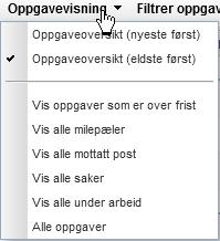 Listen er delt inn i Mottatt post, Under Arbeid, Milepæler, Til godkjenning, Til arkivering, Saker og Andre oppgaver. Alle listene inneholder de samme kolonnene.