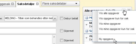 Arbeide med oppgaver 69 4.8.2 Legg til ny oppgave I oppgavefeltet for ønsket sak (eller journalpost) klikker du nedoverpilen og så Ny oppgave.