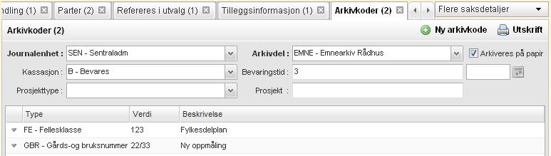 82 Arbeide med eksisterende saker Feltene i arkivkodevinduet er: Journalenhet Angir hvilke journalførende enhet som har opprettet saken.