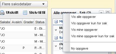 Arbeide med eksisterende saker 89 I nedtrekkslisten øverst i feltet velger du hvilke oppgaver du vil vise i feltet, og om du vil lage en ny oppgave.