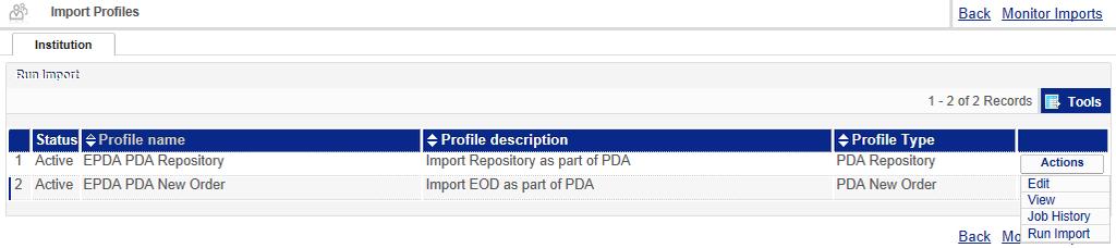3. Importere tittellisten For å importere titlene til Alma kan du enten starte fra PDA list-siden ved å velge Actions > Import Repository.