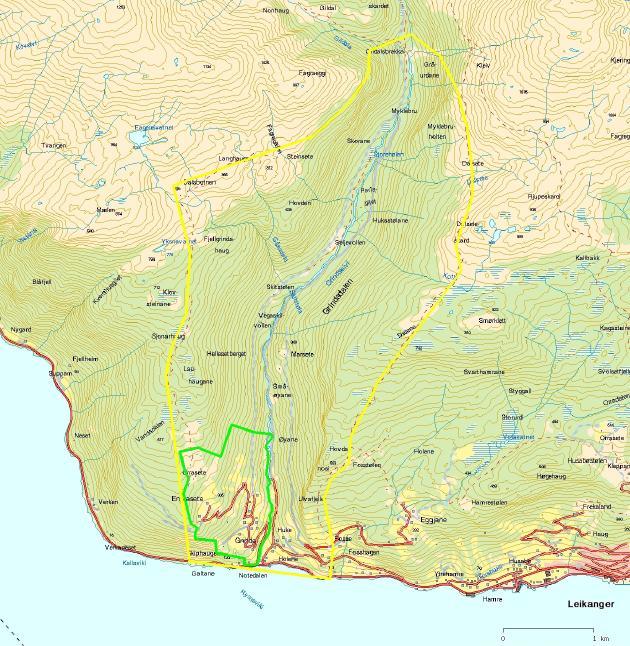 Figur 4: Omtrentleg ytre avgrensing av Grindsdalen som nasjonalt verdifullt kulturlandskap (gul strek) og plangrense for Grinde-Engjasete (grøn strek).