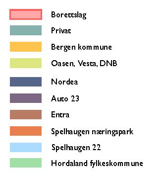 I Spelhaugen er Auto 23 og Spelhaugen Næringspark de største eierne. Kart med oversikt over eierforhold.