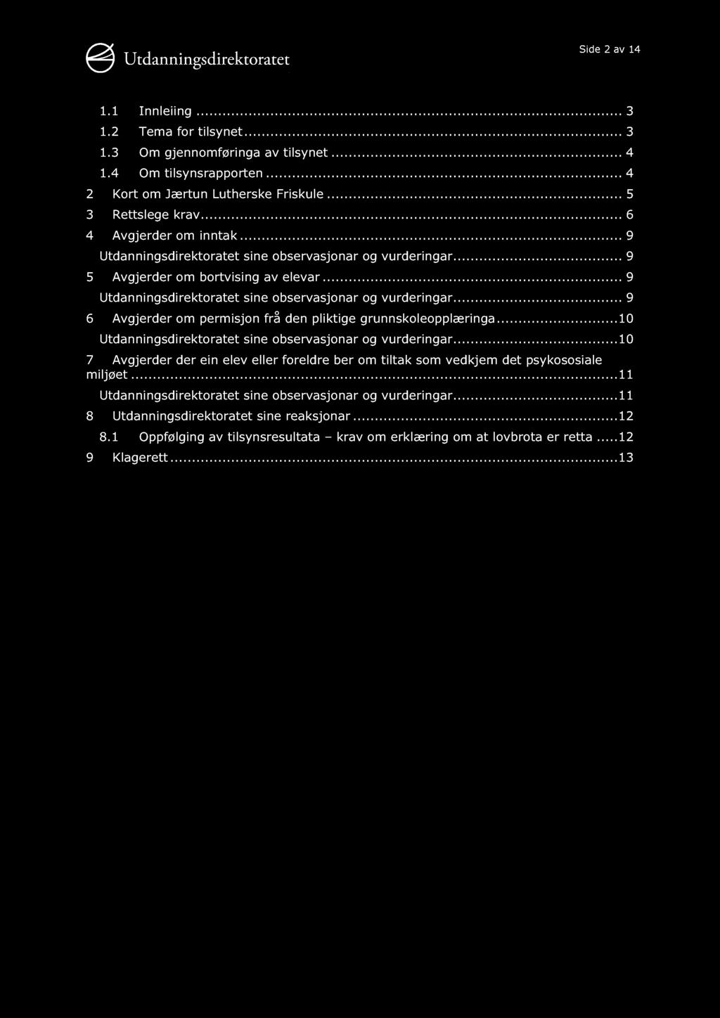 Side 2 av 14 1.1 Innleiing........... 3 1.2 Tema for tilsynet......... 3 1.3 Om gjennomføringa av tilsynet......... 4 1.4 Om tilsynsrapporten......... 4 2 Kort om Jærtun Lutherske Friskule.