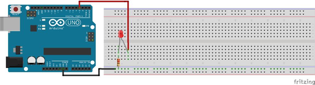 2.2. Pulserende lys Koble en LED til en av portene til Arduinoen som lar deg sende analoge signaler slik som i figuren til høyre. 1.