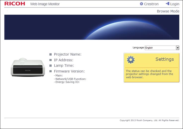 Bruke projektoren med Web Image Monitor 1 2 3 4 5 DPE023 1. Språk/Language Velg visningsspråk på Web Image Monitor.