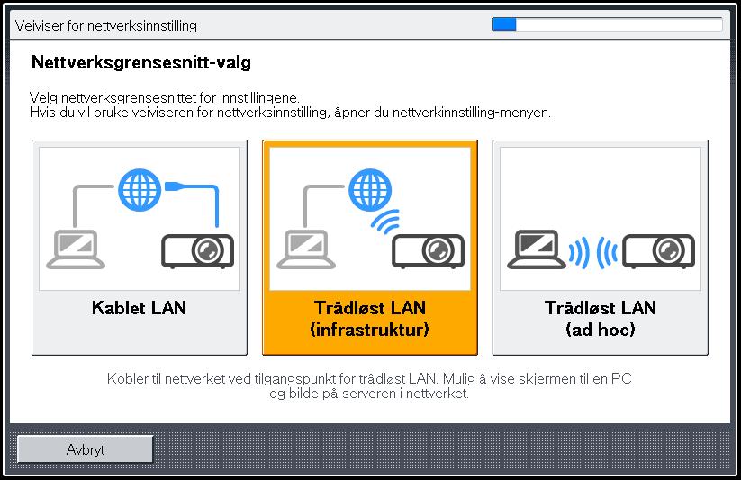 5. Bruke projektoren i nettverk For å lukke nettverksinnstillingene, velg [Avslutt veiviser]. Oppsett av trådløst LAN er fullført. For visning av bilde fra datamaskin, se s.