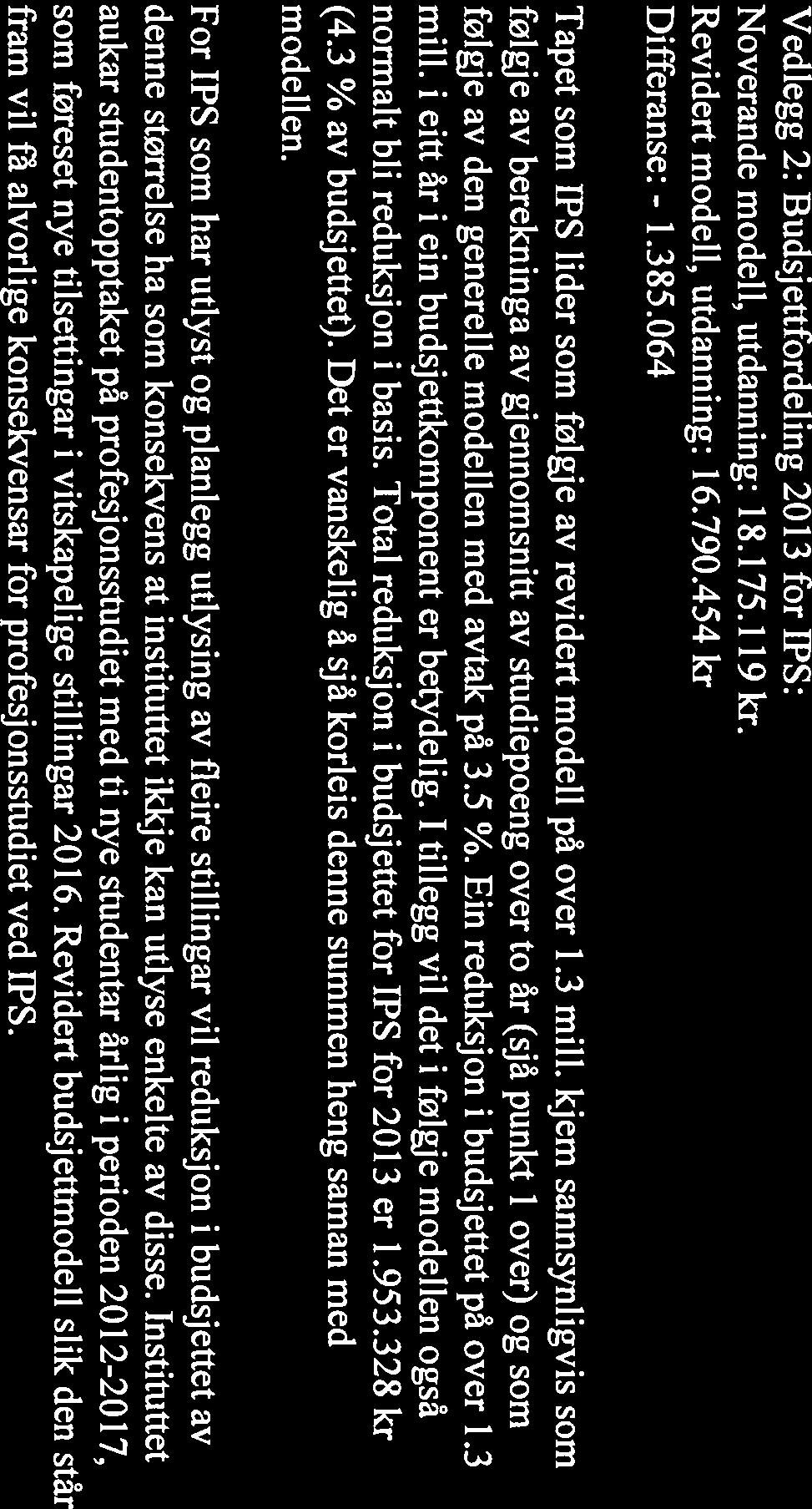 Vedlegg 2: Budsjettfordeling 2013 for IPS: Noverande model!, utdanning: 18.175.119 kr, Revidert modell, utdanning: 16.790.454 kr Differanse: - 1.385.