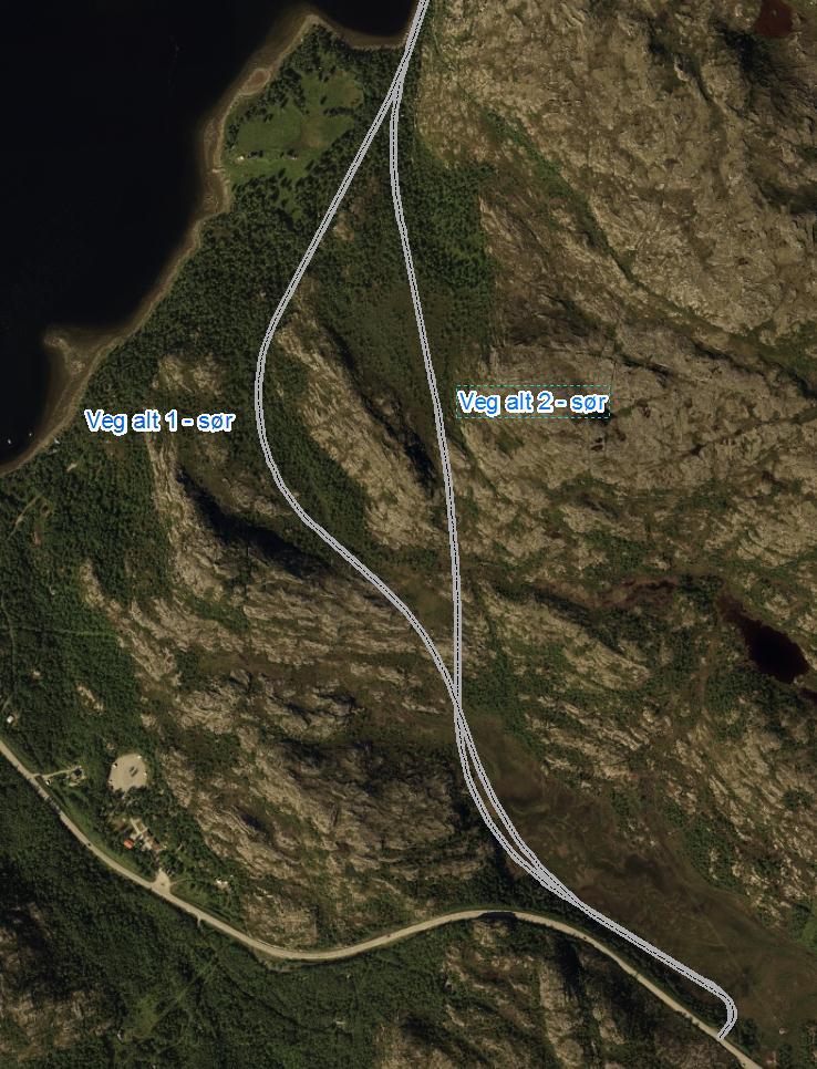 2 Resultater Atkomstveien til KILA er tenkt langs trasene 1 sør og 2 - sør på figur 1. I tillegg er det gjort en grov vurdering av en mulig trase nede langs fjorden.