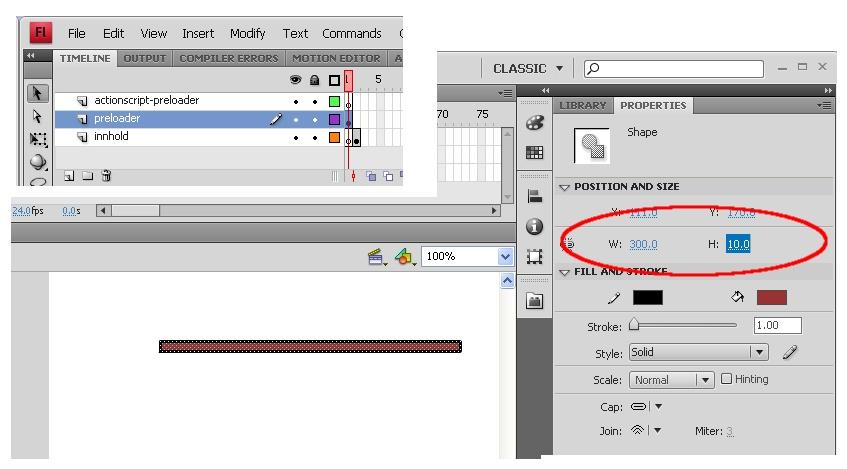 4 Marker key-framen i 'preloader'-laget i Timeline,og tegn en ny firkant i scenen ved hjelp av 'Rectangle Tool'.