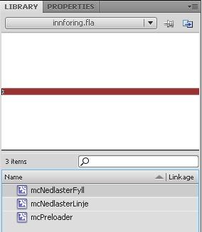 8 Gjør det samme med fyllet til firkanten i laget 'Fyll nedlastings-indikator', og gi det nye MovieClipet navnet 'mcnedlasterfyll'. Om du nå åpner 'Library' -vinduet vil du se at.