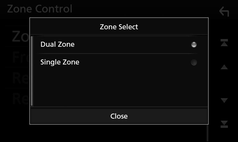 2 Trykk [Audio]. hhlydskjermbildet vises. 3 Trykk [Zone Control]. hhskjermbildet for sonestyring vises. 4 Trykk på [+] eller [ ] for å justere nivået. 4 Trykk på [Zone Select]. 5 Trykk [Dual Zone].