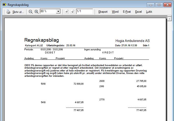 12 Regnskapsbilag pr dato Regnskapsbilaget for utbetalingsdatoen som i dette tilfellet er 25. mars 2016, vil ikke nødvendigvis gi rett opplysning om arbeidsgiveravgiften som skal avsettes.