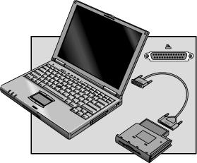 Utvide OmniBook Bruke det eksterne modulrommet Koble diskettstasjonen til parallellporten Hvis du har en CD-ROM-stasjon eller en annen modul i det eksterne modulrommet, kan du koble diskettstasjonen