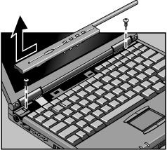 Utvide OmniBook Installere en RAM-utvidelsesmodul 5. Løft opp tastaturtappen over F1-tasten omtrent 10 mm. Løsne deretter klemmen midt på den bakre kanten. ADVARSEL 6.