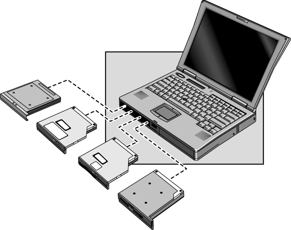 Etablere forbindelser Bruke OmniBook-innpluggingsmoduler Bruke OmniBook-innpluggingsmoduler Rommet for innpluggingsmoduler kan inneholde en DVD- / diskettstasjon, CD-ROM- / diskettstasjon,