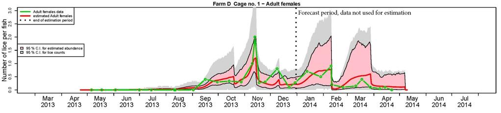 Et eksempel på modelltilpasning for én enkelt merd fra utsett til slakt vises i figur 3. Grønn kurve er registrerte antall hunnlus per fisk fra lusetellinger på anlegget.