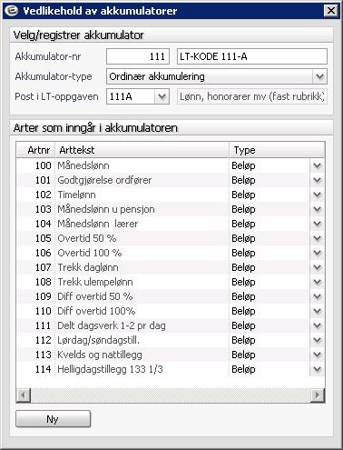 6.4 Akkumulator Arter Oppretting av nye akkumulatorer eller vedlikehold av akkumulatorer og knytning mellom art og akkumulator, kan også gjøres i bildet Akkumulator Arter.