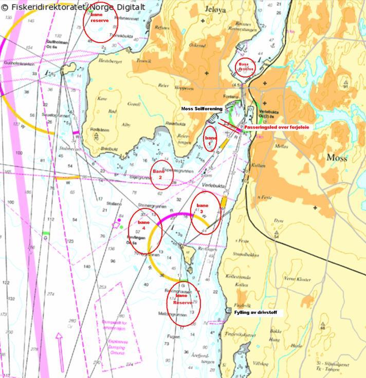 Figur 4-1: Kart over baneområder som blir benyttet av Moss seilforening. Kilde: Moss Seilforening og Fiskeridirektoratet.