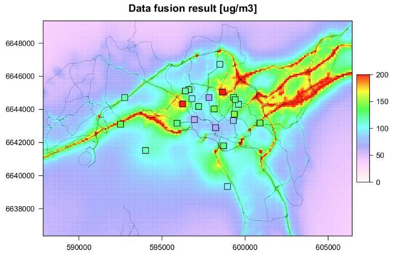 Oslo NO 2 model-derived annual average basemap (background) and observations from AQMesh nodes