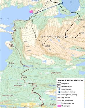 Side 2 av 6 Kartet viser tiltaksområdet med vegen opp til kraftstasjonen. Heil brun strek er eksisterande veg. Stipla brun strek er ny veg.