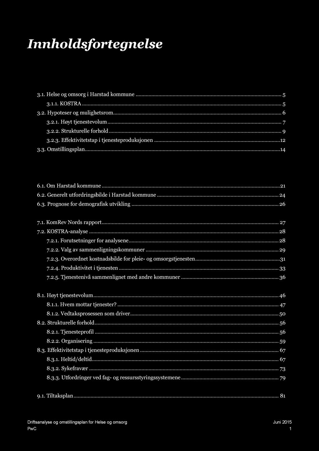 Innholdsfortegnelse Forord............... 3 Mandat.............. 4 Sammendrag............ 5 3.1. Helse og omsorg i Harstad kommune... 5 3.1.1. KOSTRA... 5 3.2. Hypoteser og mulighetsrom... 6 3.2.1. Høyt tjenestevolum.