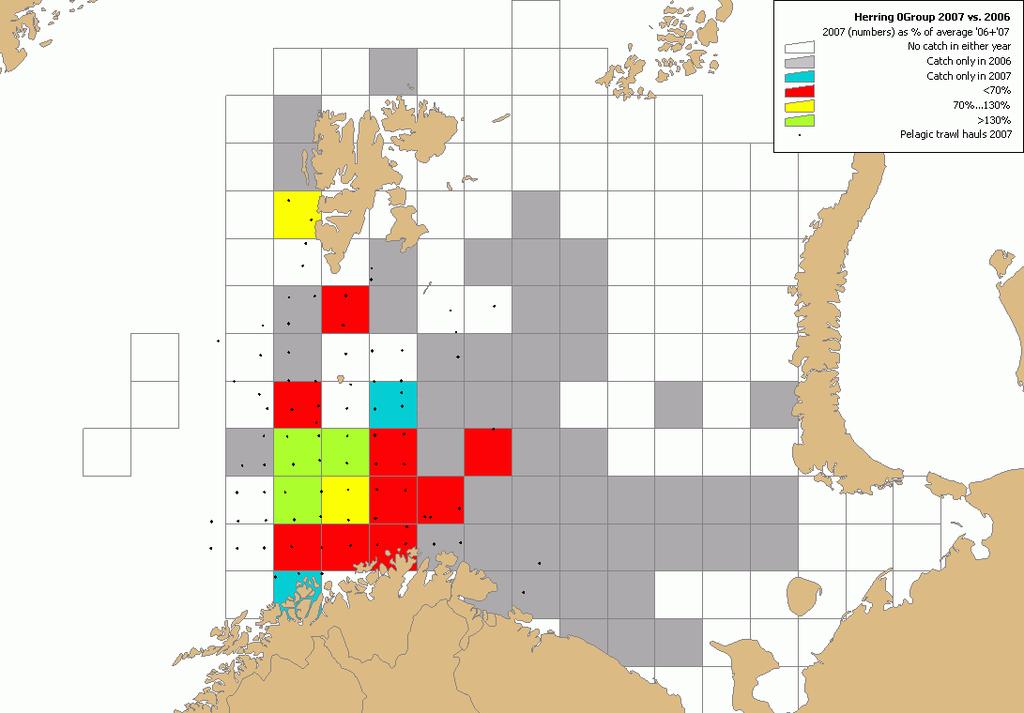 Sild (0-gruppe): Utbredelsen er mindre enn i 2006, og fangstene mindre, spesielt i det sørlige