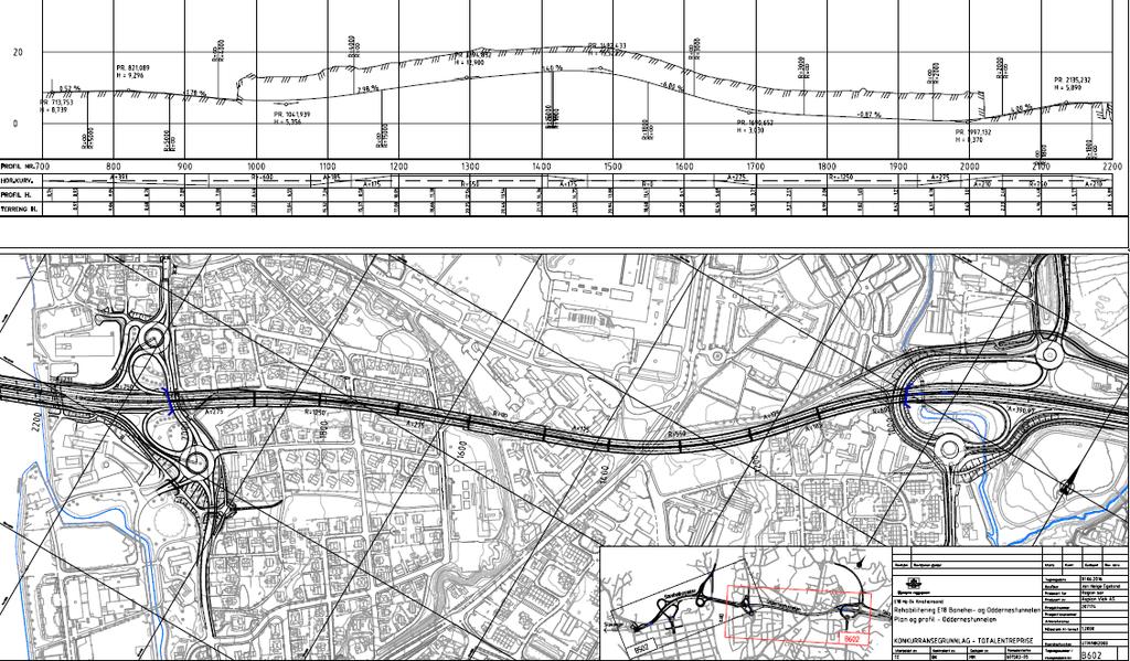 Oddernestunnelen: 1060 meter lang løsmassetunnel/miljøtunnel hvor taket ligger ca. en meter under terreng.