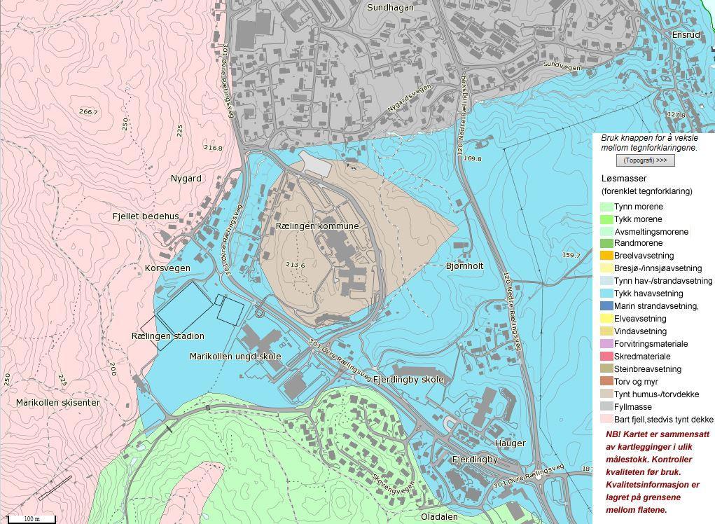 3 Grunnforhold NGUs løsmassekart over området viser at løsmassene i planområdet i hovedsak består av tykk havavsetning (lys blå).