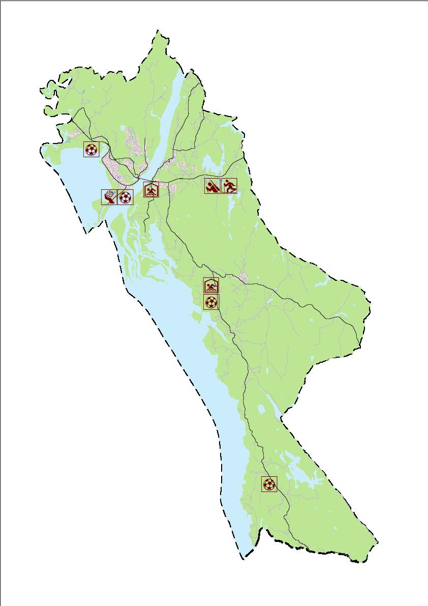 12 Kart 1 Kartet viser plasseringen av idrettsanlegg til de fire største idrettene i