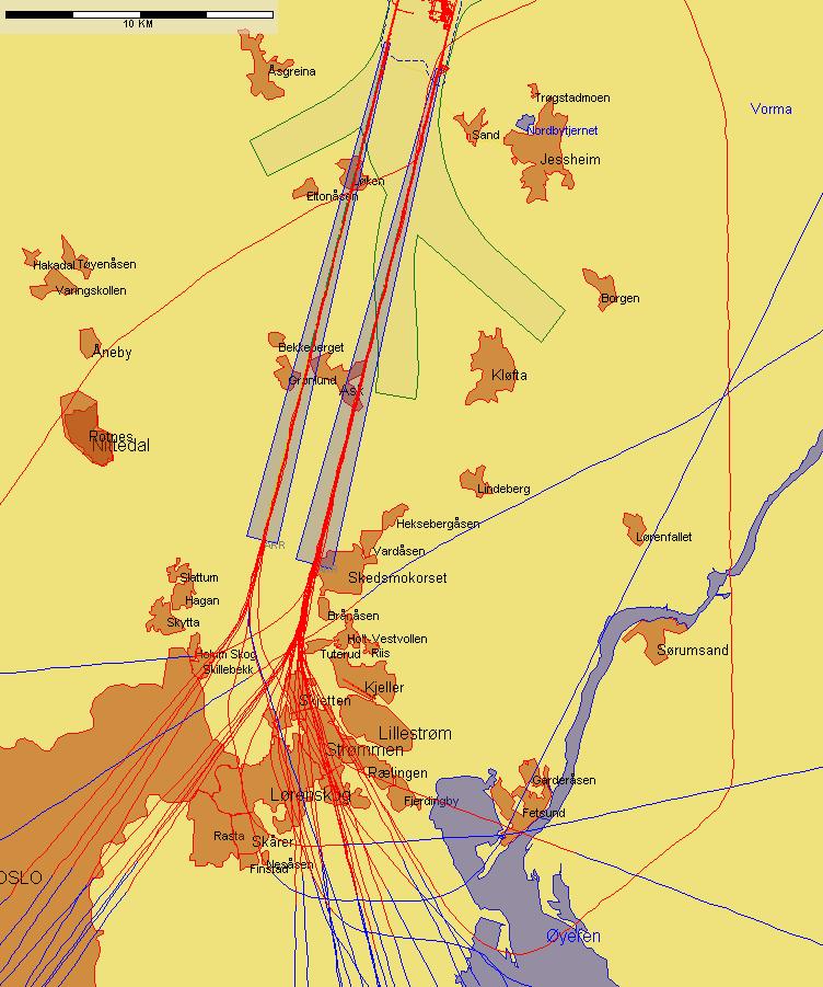 Jetflylandinger fra sør med lav høyde sør for N 59 55 00 Figur 8.