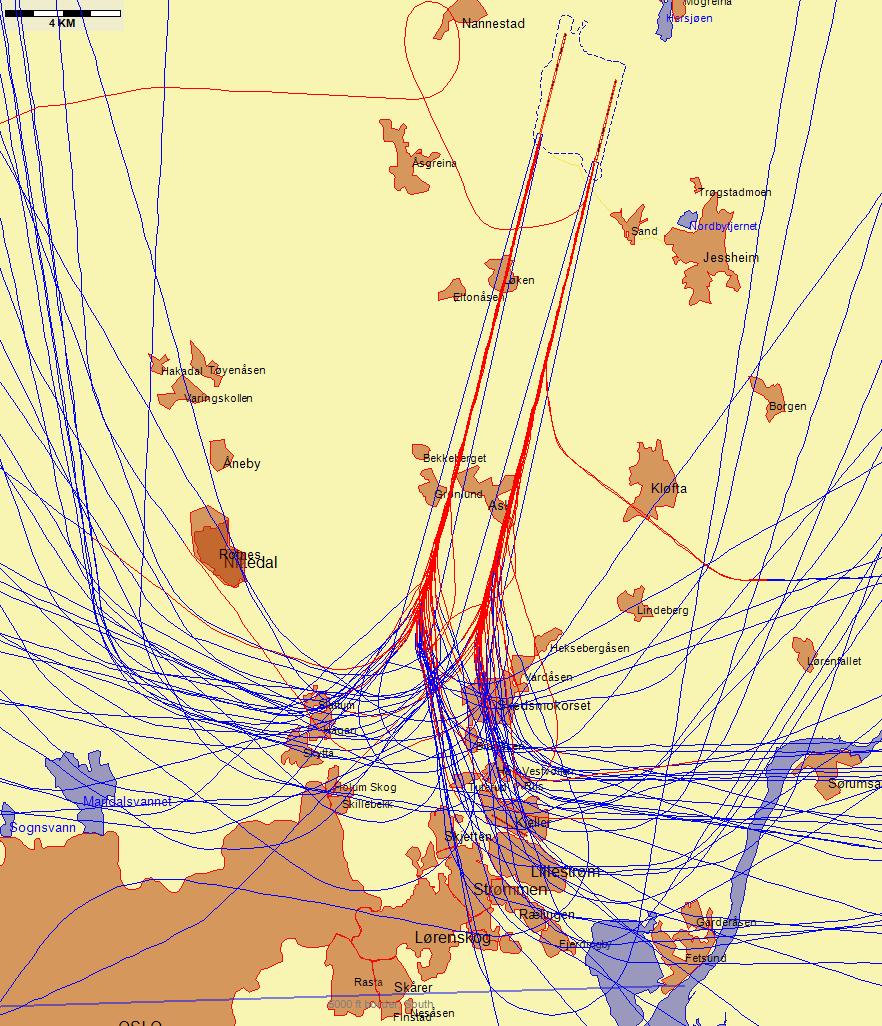 9.3.2 Landinger, rapportering iht 9, Forskrift om støyforebygging, Gardermoen Jetflylandinger fra sør med sen tilslutning til ILS-glidebanen Figur 6.