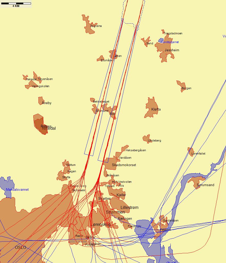 Jetflylandinger fra sør med lav høyde sør for N 59 55 00 Figur 8.