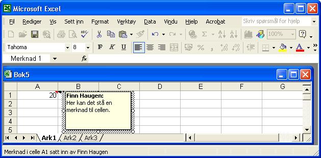 92 IT-verktøy TechTeach Merknader i celler Dukanleggeinnenmerknadiencelleslik:Høyreklikk på cellen / Sett inn merknad, se figur 4.8. Figur 4.