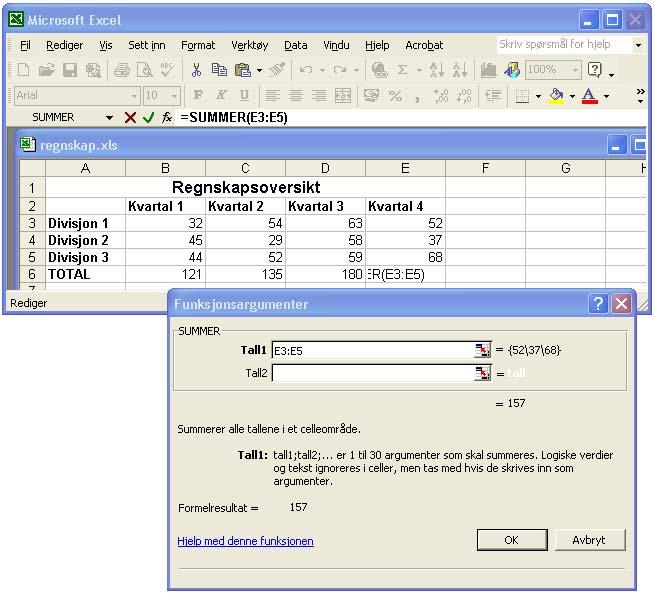 96 IT-verktøy TechTeach Figur 4.12: SUMMER()-funksjonen skal legges inn i celle E6 og beregne summen av cellene E3-E5. inngangsargumenter (og det gis ingen feilmelding).