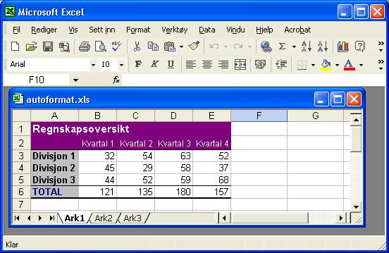 Og Excel har faktisk mange tabellformater, som i Excel omtales som autoformater, som vi kan velge blant. Figur 4.