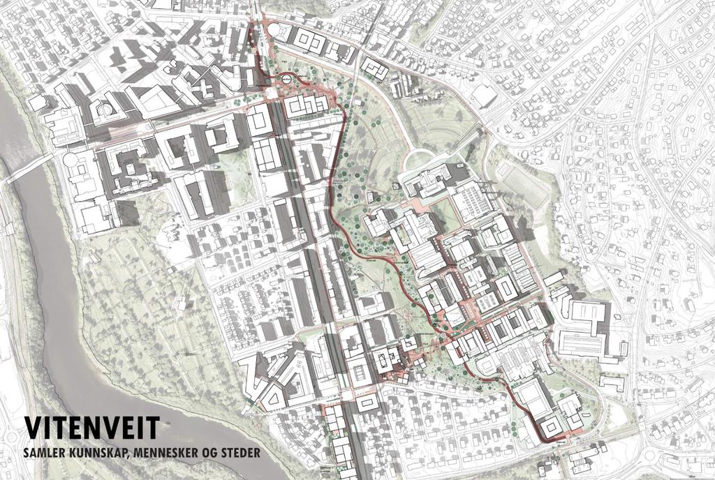 VITENVEIT Beskrivelse Hovedgrepet i Vitenveit er en utbygging knyttet opp mot en sammenhengende gang- og sykkelbane med tyngdepunkt av bebyggelse i nord og sør, samt fortetting i Hesthagen og på