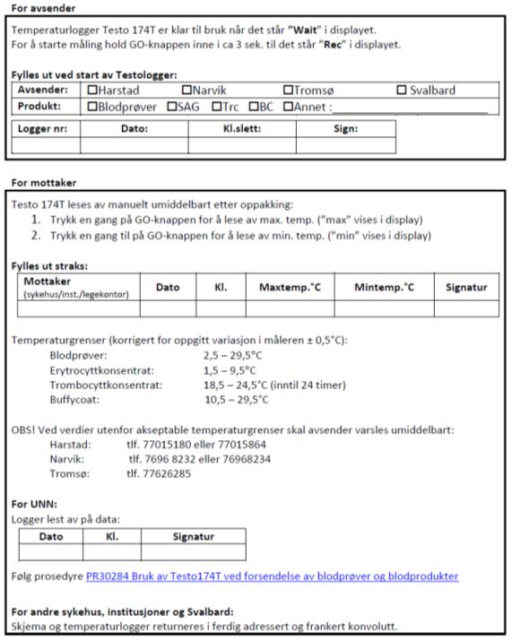 Loggskjema som brukes ved forsendelse av blodprodukter. Min. og maks. temp.