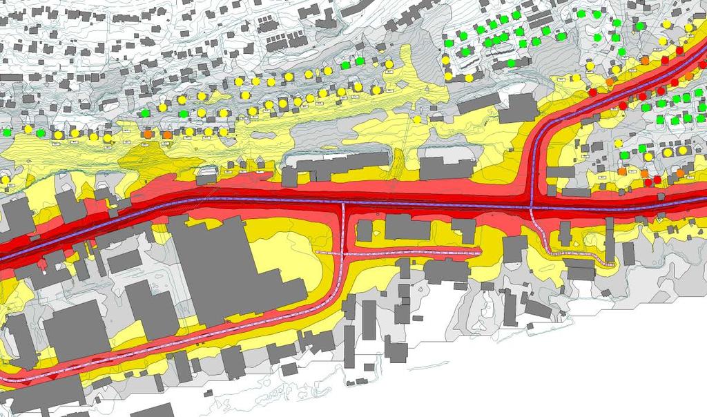 5.1.2 Trafikkprognose for 2040 Figur 5: Dagens veinett med prognosert trafikk for 2040 5.2 Situasjon med ny firefelts vei 5.2.1 Uten skjermingstiltak Figur 6: Ny vei med prognosert trafikk for 2040, uten skjermingstiltak repo001.