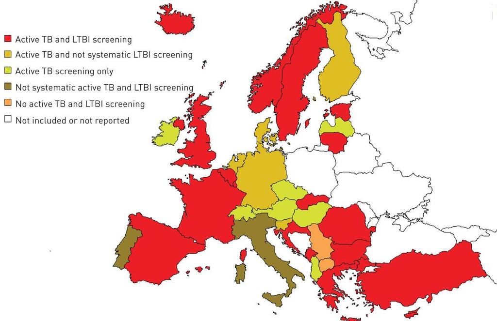 Land som screener for TB og LTBI i Europa i 2016.