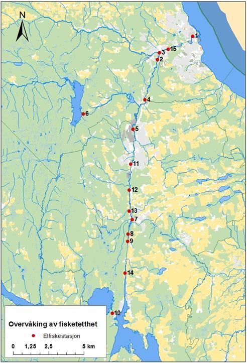 Figur 1 Oversiktskart over stasjonsnett i Hunnselva fra Einafjorden og til utløpet ved Gjøvik.