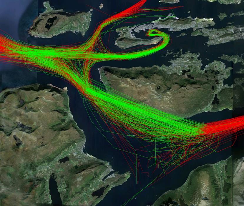 Figur 4 Illustrasjon av hvordan skipene som er større enn 150 m i lengde, med AIS-utstyr, seilte i området i perioden fra januar 2014 til og med januar 2015.