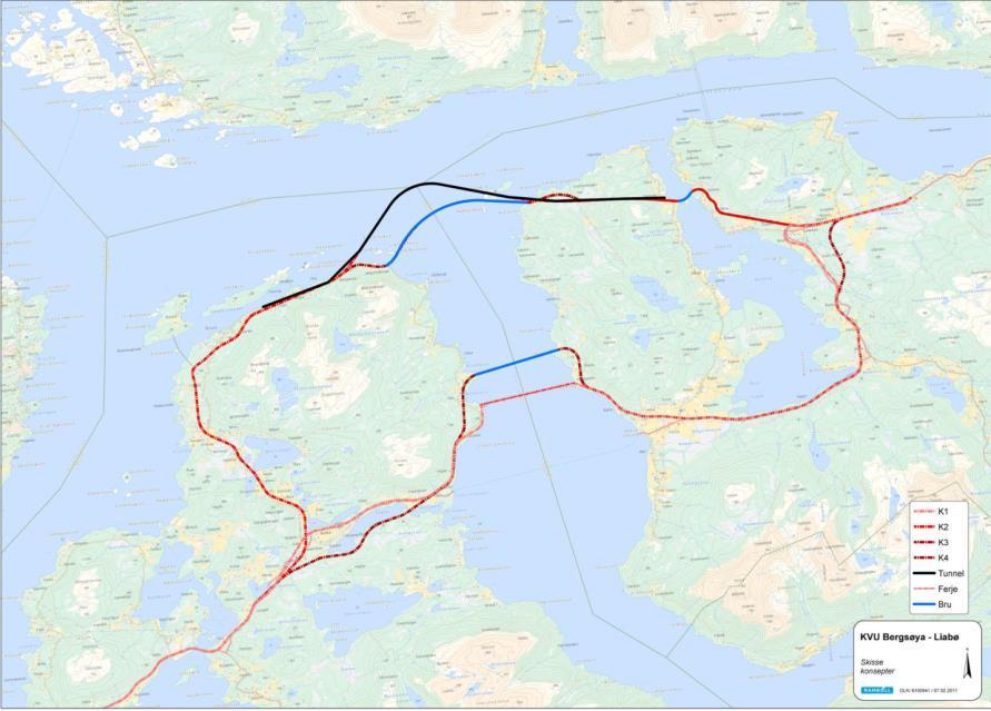 Figur 1 Utsnitt av område som inngår i analysen De to blå linjene i Figur 1 viser de foreslåtte brutraseene, brutrase nord og brutrase sør. 3.