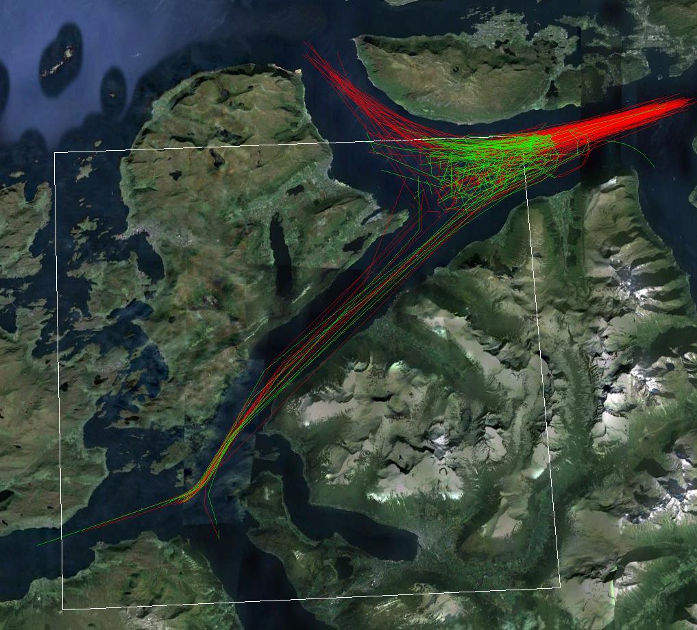 Figur 4 Illustrasjon av hvordan skipene som er større enn 150 m i lengde, med AIS-utstyr, seilte i området i perioden fra februar 2014 til og med februar 2015.