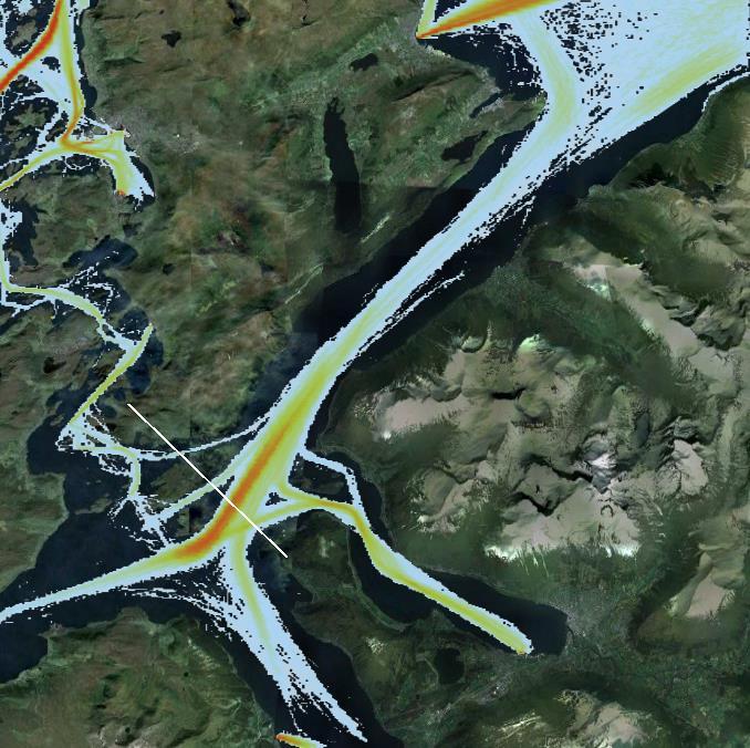 Figur 5 Intensitetsplott av hvordan skipene med AIS-utstyr seilte i området i perioden fra februar 2014 til og med februar 2015. Det er benyttet en logaritmisk skala, rødt har ca.