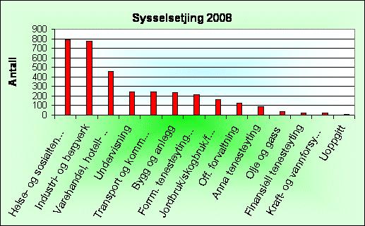 2.7 - Sysselsetjing 13 Sysselsetjinga (antall i arbeid) i kommunen kan grovt inndelast slik: 2000 2008 Endring Menn Kvinner Sum Menn Kvinner Sum 00-06 Helse- og sosialtenestene 114 658 772 115 672