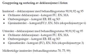 Deklarasjonsoversikt som xml Eksempel på prosess Kontrollere fullstendighet Tolldeklarasjoner vs.